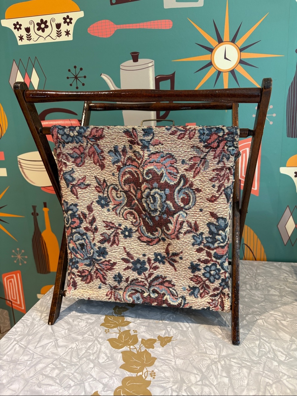 Vintage Tapestry Knitting Sewing Basket w/ Fold Up Wooden Stand Magazine Rack